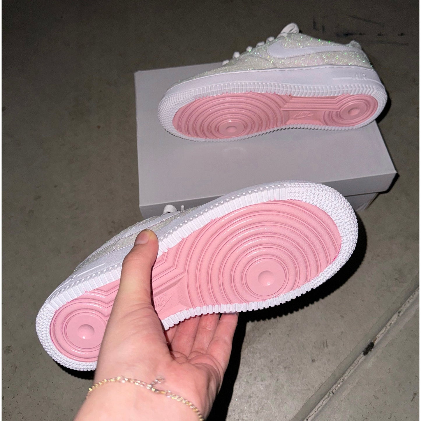 White Glitter Light Pink Bottoms Air Forces