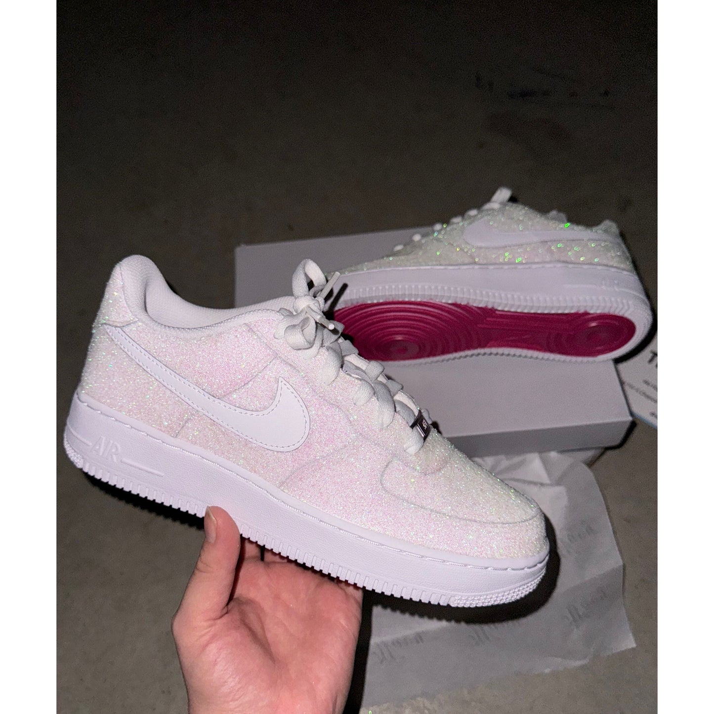 White Glitter Hot Pink Bottoms Air Forces