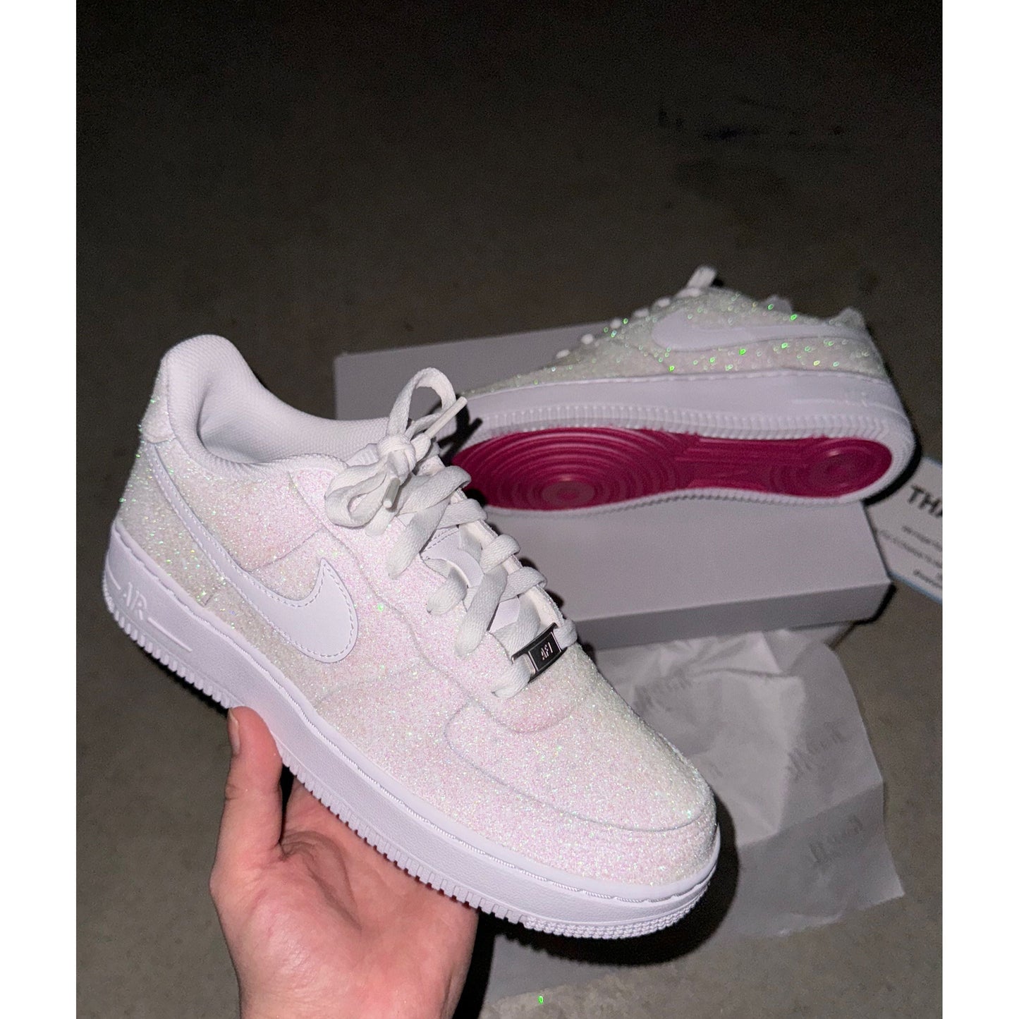 White Glitter Hot Pink Bottoms Air Forces