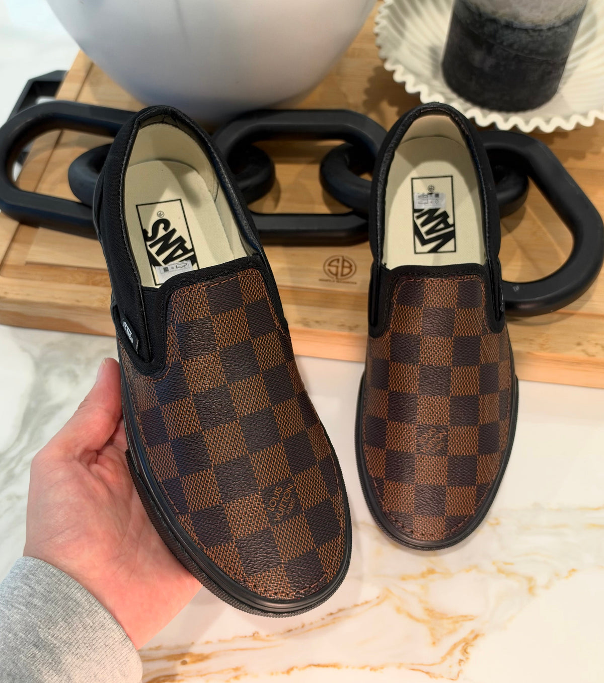 Brown Checkered Black Sole Slip On