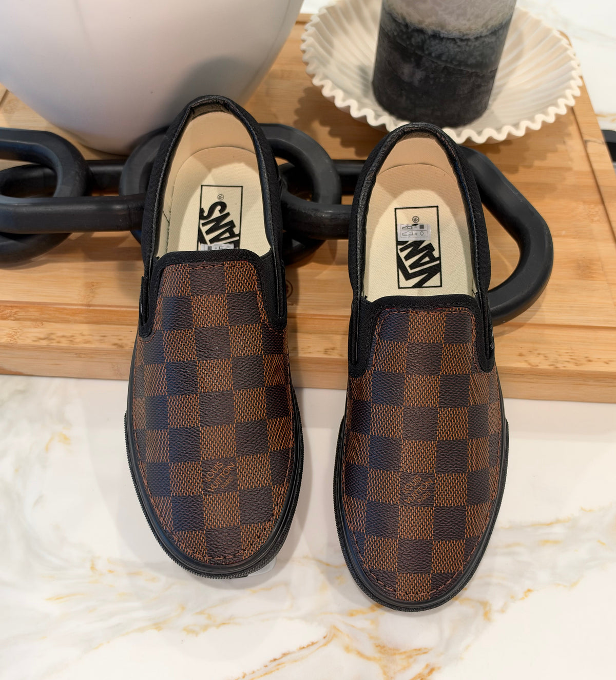 Brown Checkered Black Sole Slip On