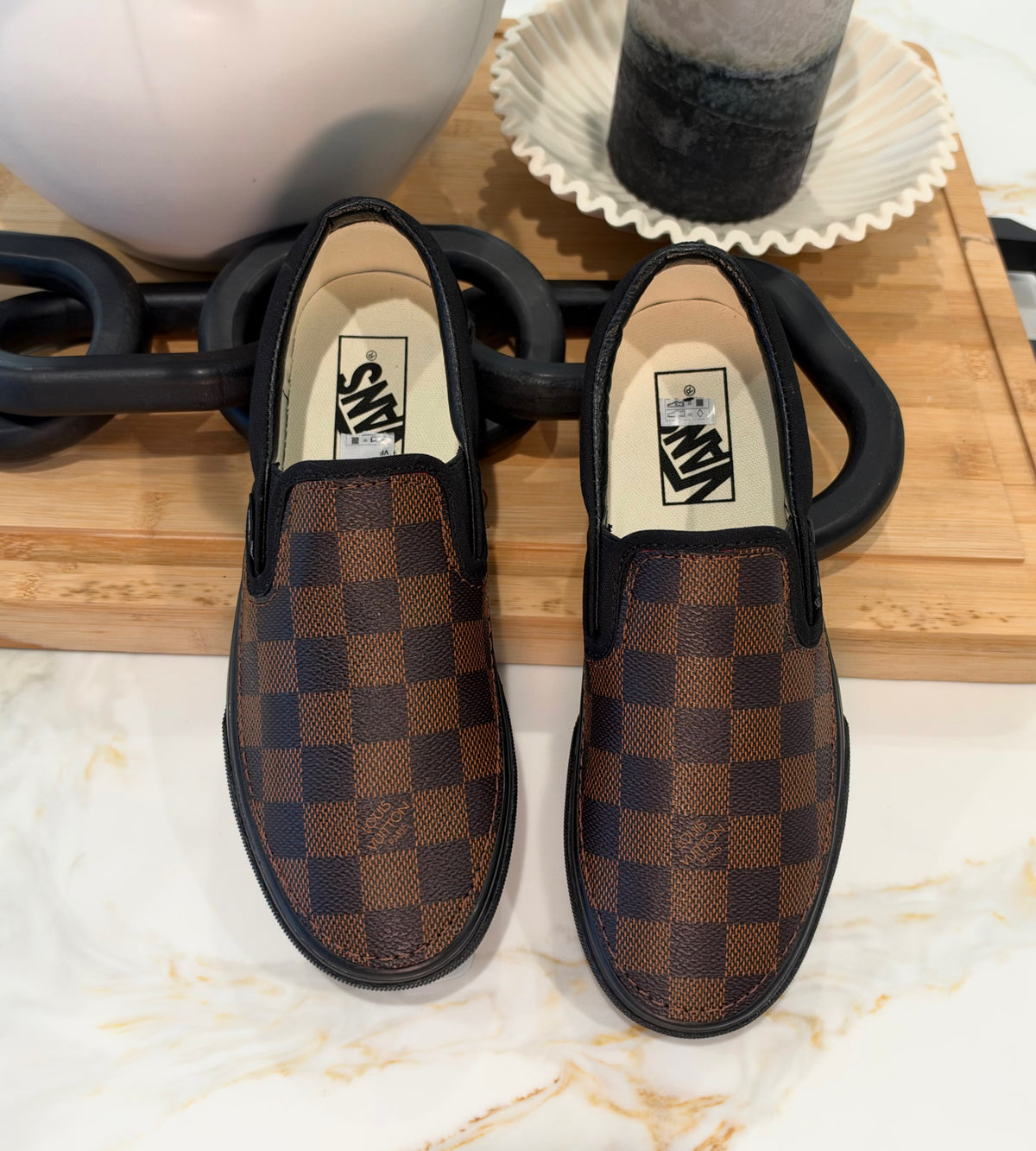 Brown Checkered Black Sole Slip On